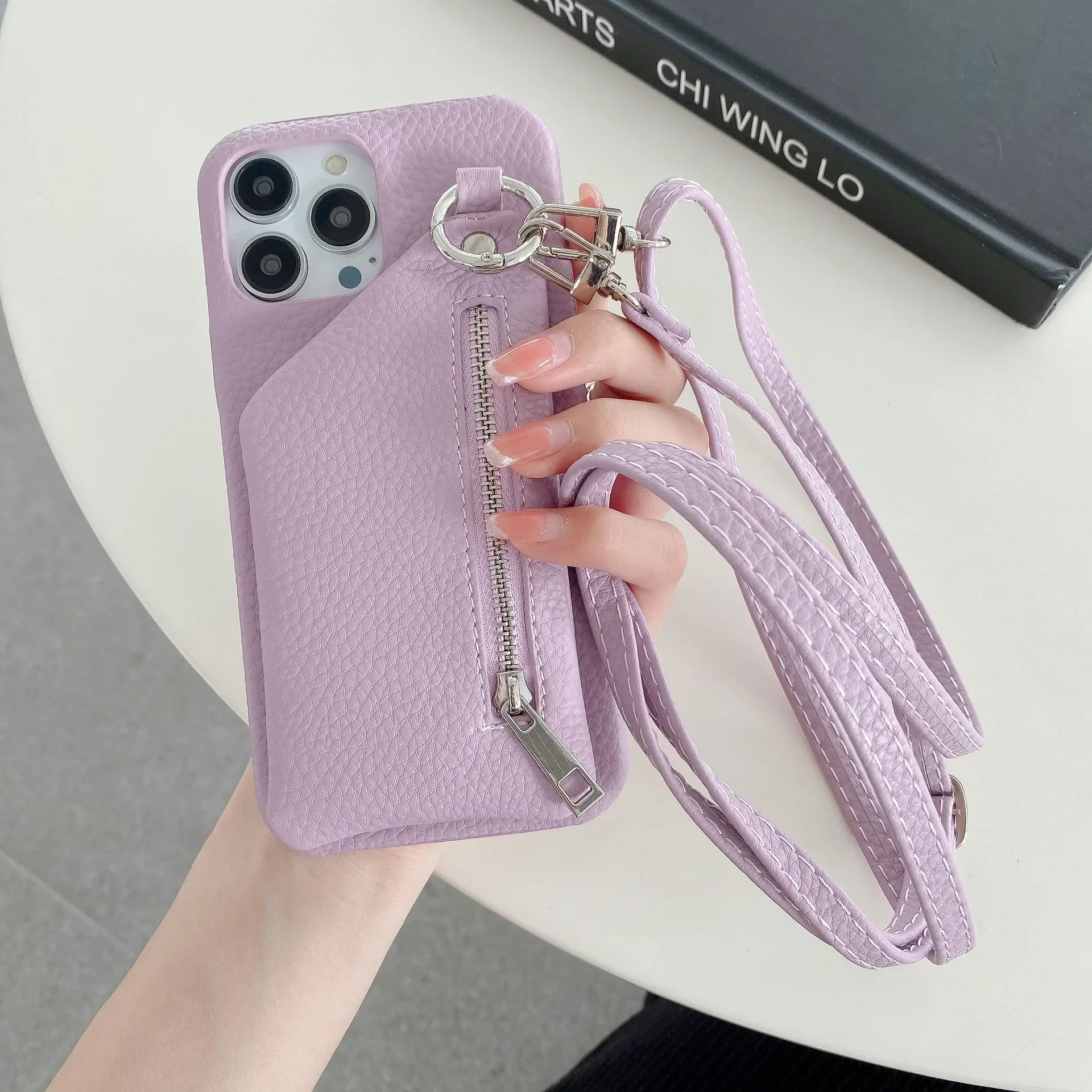 Zipper Wallet Crossbody Lanyard Phone Case with Card Pocket and Coin Purse in Leather