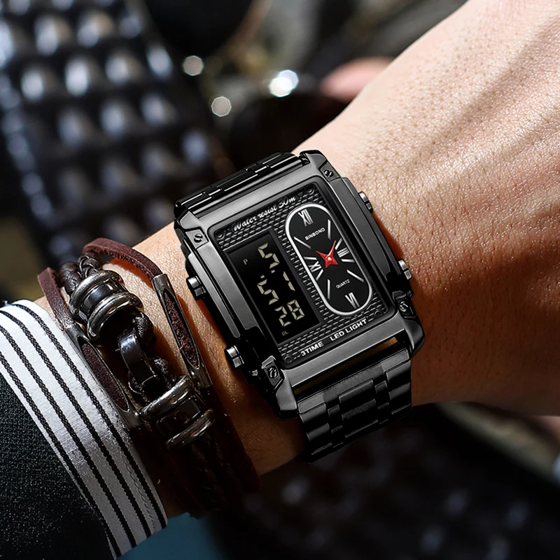 BINBOND-ساعة يد كوارتز ذهبية مربعة للرجال من الفول...