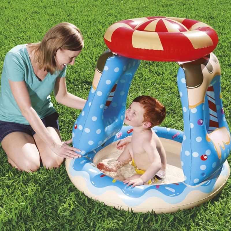 

Candy House Design Inflatable Kiddie Baby Pool 1-3Y Summer Swim Wading Pool with Sunshade Canopy Fun Outdoor Water Play