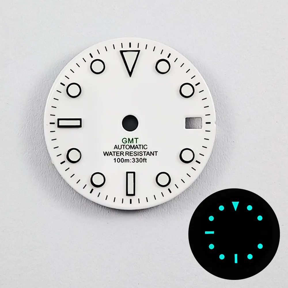 White & Black Mark Gloss Watch Dial with Blue & Green Luminous Accents - 28.5mm