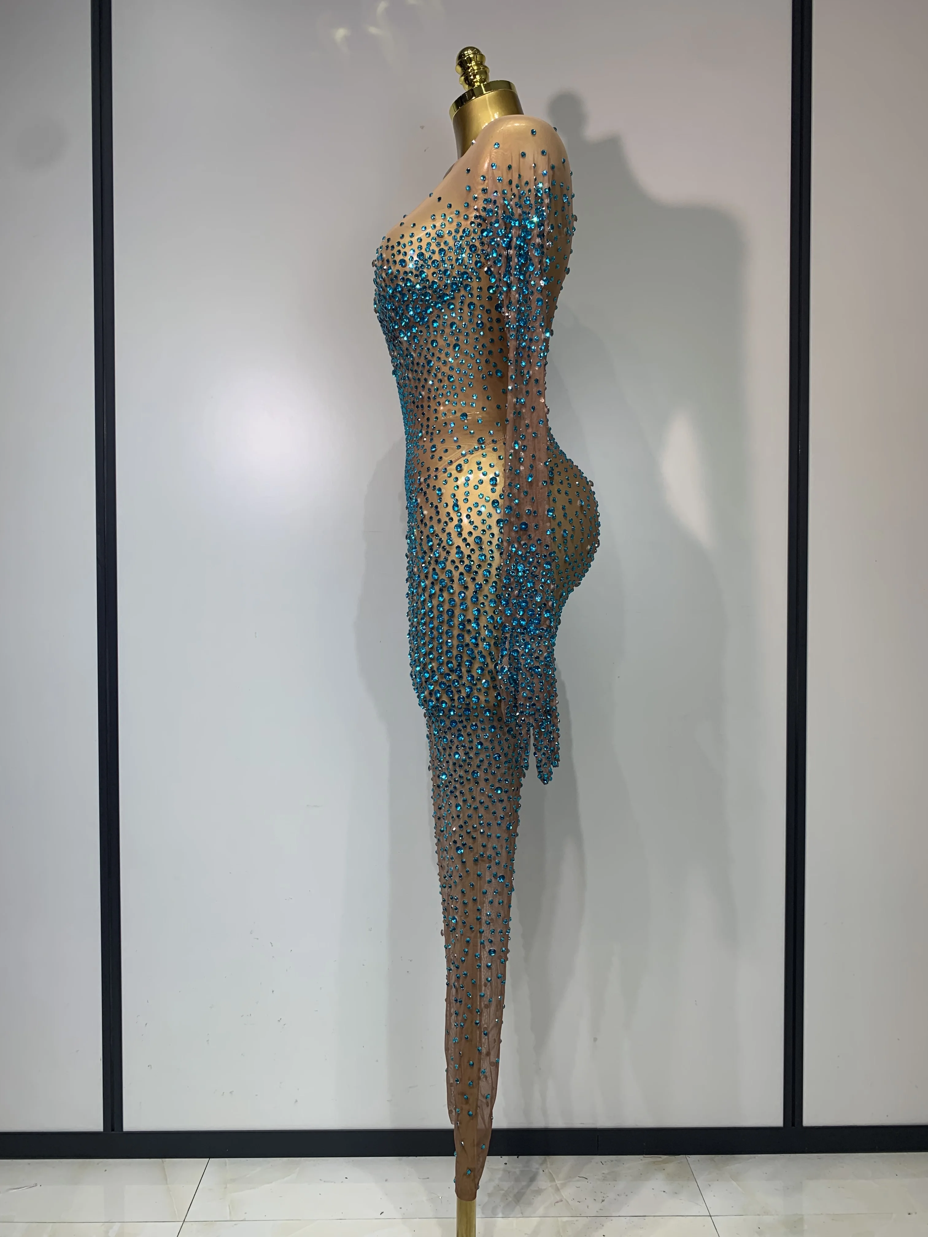 Luxury Rhinestones Bodycon Jumpsuit Sexy Women Mesh See Through Birthday Gown Women Bar Nightclub Dancer Stage Outfit 3