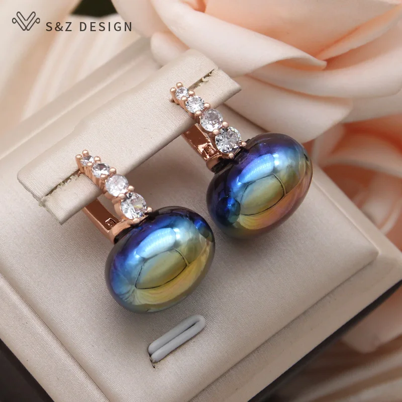 S&Z DESIGN New Fashion Luxury Colorful Beads Dangle Earrings For Women Cubic Zirconia Jewelry 585 Rose Gold Color Eardrop Gift