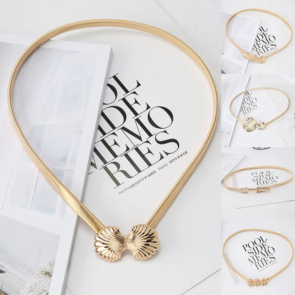 

Gold Geometric Alloy Buckle Elastic Waist Chain Belts Elegant Simple Stretch Slim Belt Ladies Dress Accessories Skinny Waistband