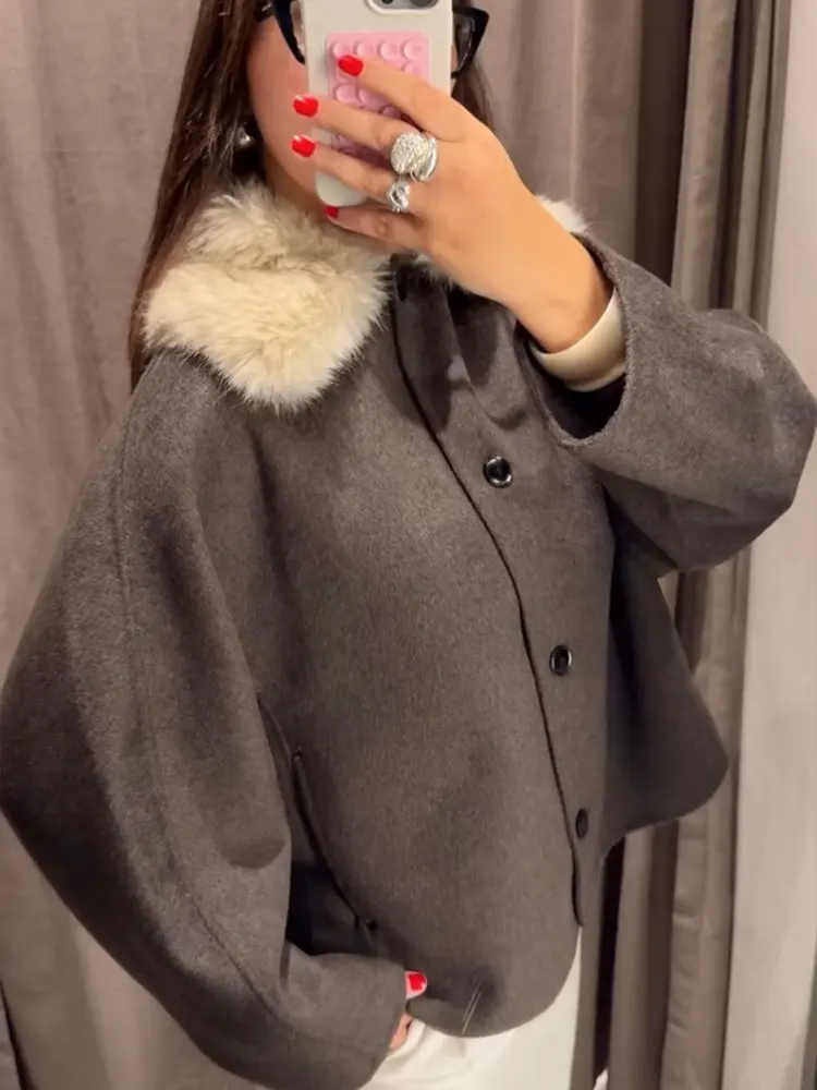 HH Women Fashion Faux Fur Lapel Woolen Coat Elegant Solid Long Sleeve Single Breasted Jackets Autumn Winter Lady Street Outwear