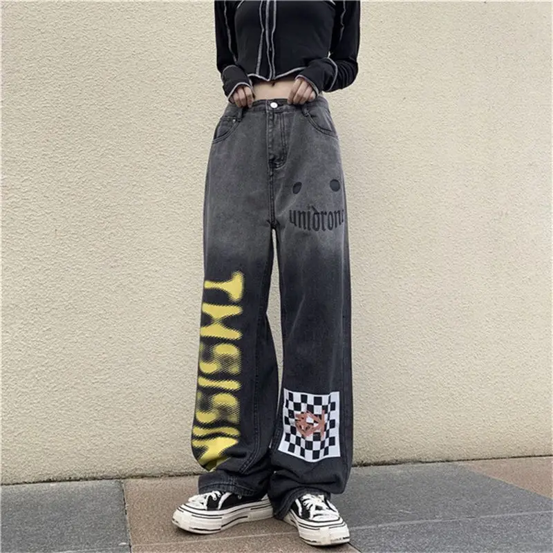 Womens Jeans with Print Woman Pants Straight Leg Trousers Pockets Pattern Graphic Summer Original Harajuku Fashion Spring Hippie