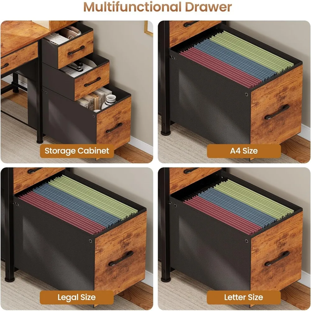 Computer Desk with 5 Drawers and Bookshelf, Reversible Home Office Desk with Storage Shelves and File Drawer, Gaming Desk 5