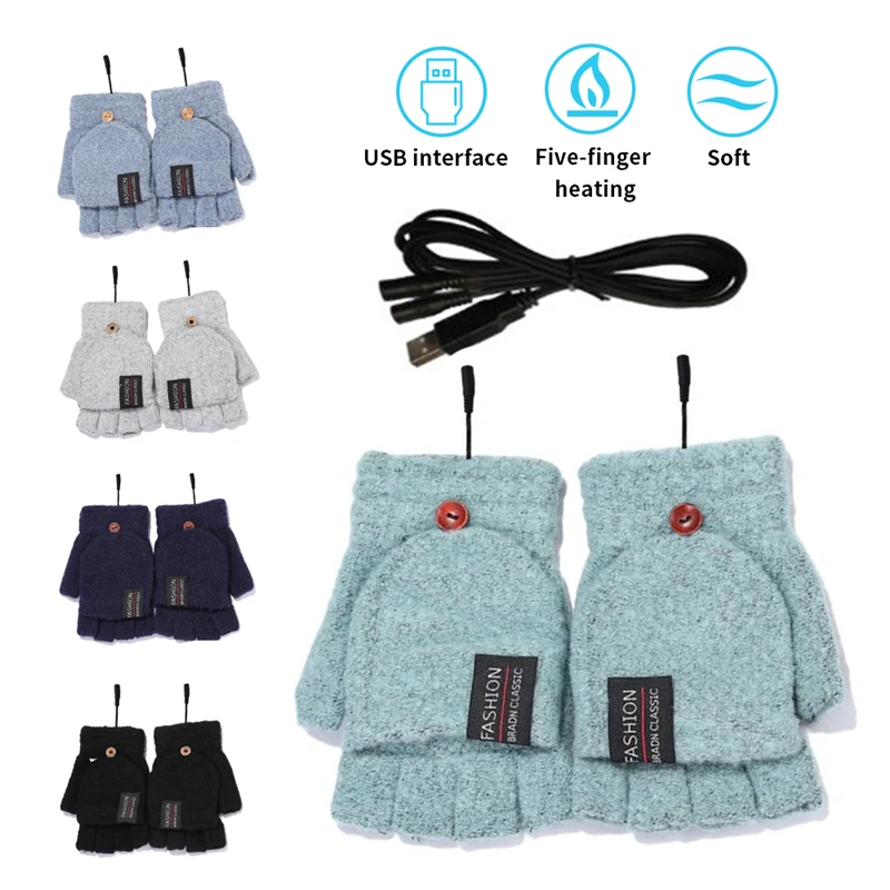

1 Pair Half Finger Heated Gloves USB Electric Men Women Winter Flip Cover Heating Gloves Cycling Mittens for Hiking Motocycle