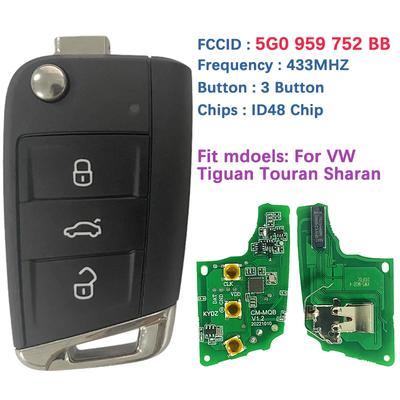 

CN001068 Aftermarket 3 Button Flip Car Key For VW Tiguan Touran Sharan Remote FCCID 5G0 959 752 BB ID48 Chip 5G0 959 753 BA