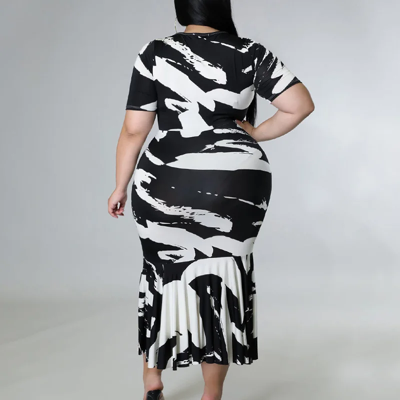 2023 New Women Casual Crew Neck Tie Dye Patchwork Half Sleeve Personality Street Spring Summer Ruffles Plus Size Long Dresses