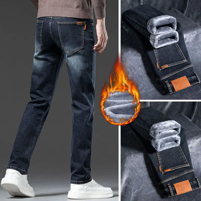 2024 New Winter Fleece-lined Thick Jeans High-End Island Velvet Slim Straight Warm Anti-Freezing Cold-Resistant Trousers 2