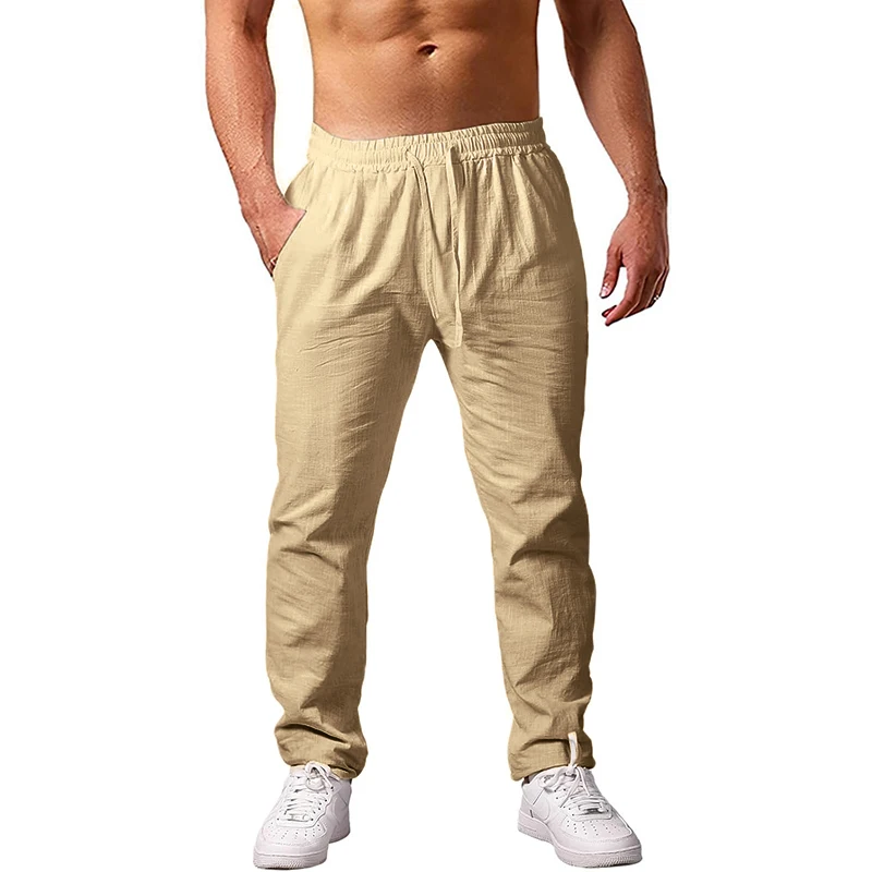 New Men's Lightweight Long Pants Summer Loose Fit Trousers for Holidays Breathable Linen Streetwear Men Fitness Sweatpants 4