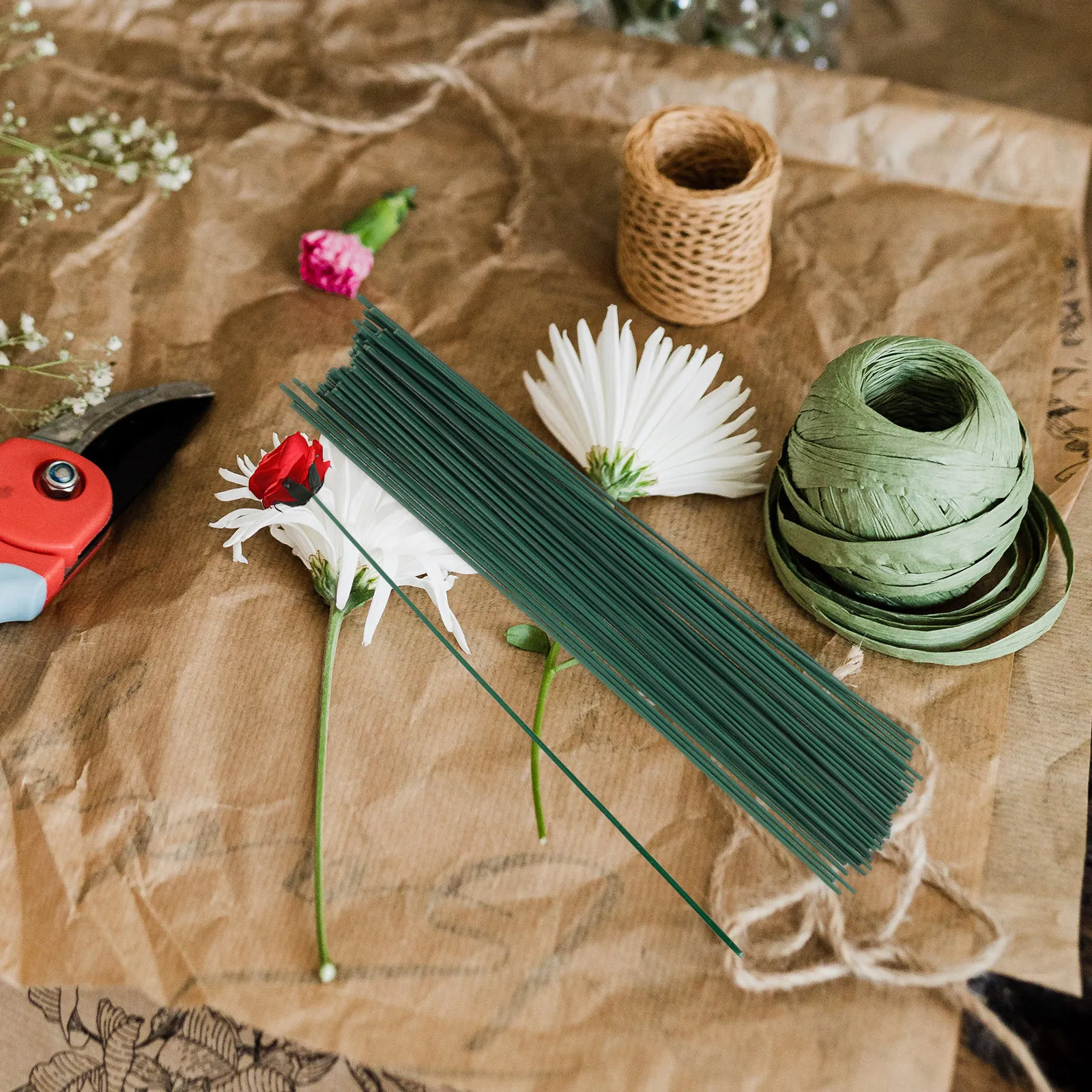꽃꽂이 공예용 녹색 와이어가 포함된 꽃테이프 롤 1세트, 종이 장미꽂이용 DIY 부케 줄기 포장 액세서리 키트