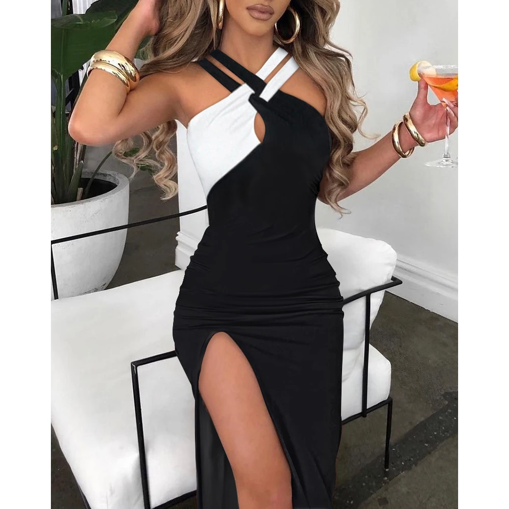 

Women Colorblock Crisscross Halter High Slit Dress Summer Sexy Halter Mini Dress High Slit Sexy Party Dress Female 2022