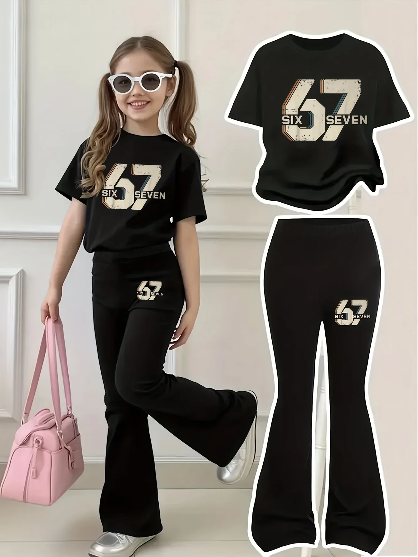 Meninas de 4 a 12 anos, vintage angustiado 67 letras e números conjunto de calças de sino de manga curta, camisa preta de manga curta com padrão vintage 67 seis sete ”