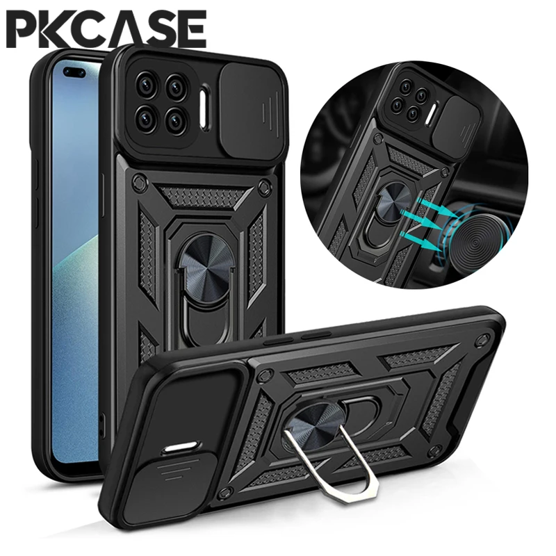 

Shockproof Phone Case For OPPO Reno 5 4Lite 6 6Z 7Pro Magnetic Ring Holder Push Window Cover For OPPO F19Pro F17Pro Find X5 Lite