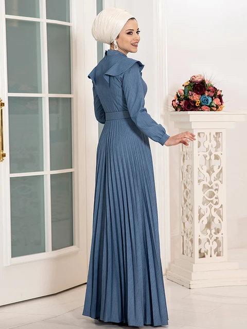 Women Denim Dress New Season Blue Belted Judge Collar Islamic Muslim Hijab  Clothing Elegant Modern Turkish Made