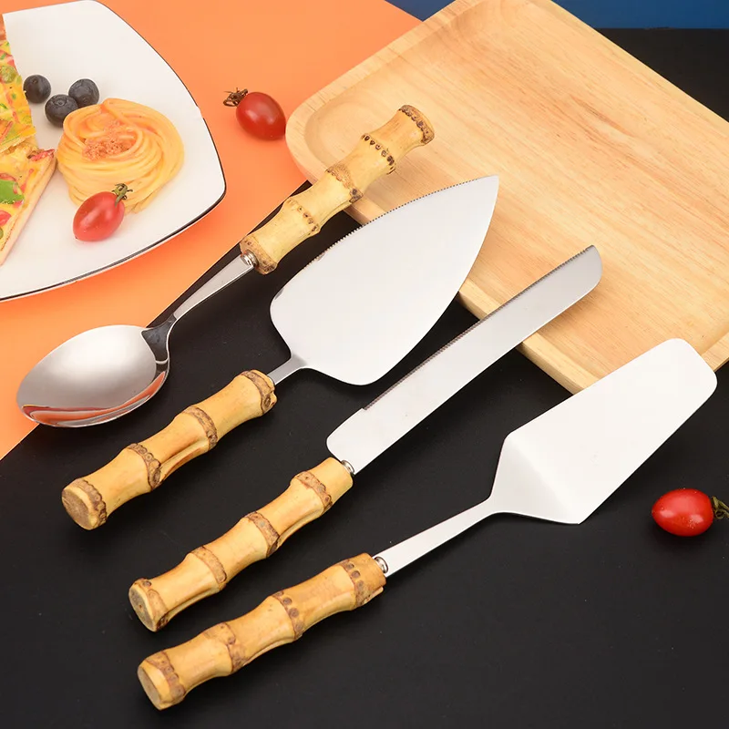 Nature Bamboo Pizza Cake Shovel Triangular Spatula Set with Cheese Slicer Cutter Knife
