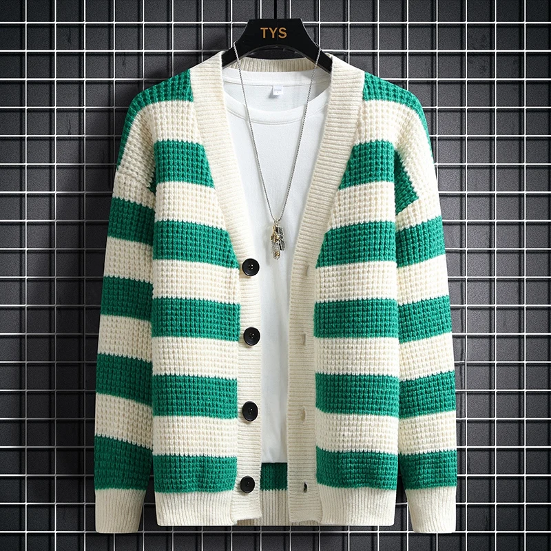 

2023 Autumn and Winter New Fashion Trend Single Breasted Striped Sweater Men's Casual Comfort Thick Warm Large Size Sweater 4XL