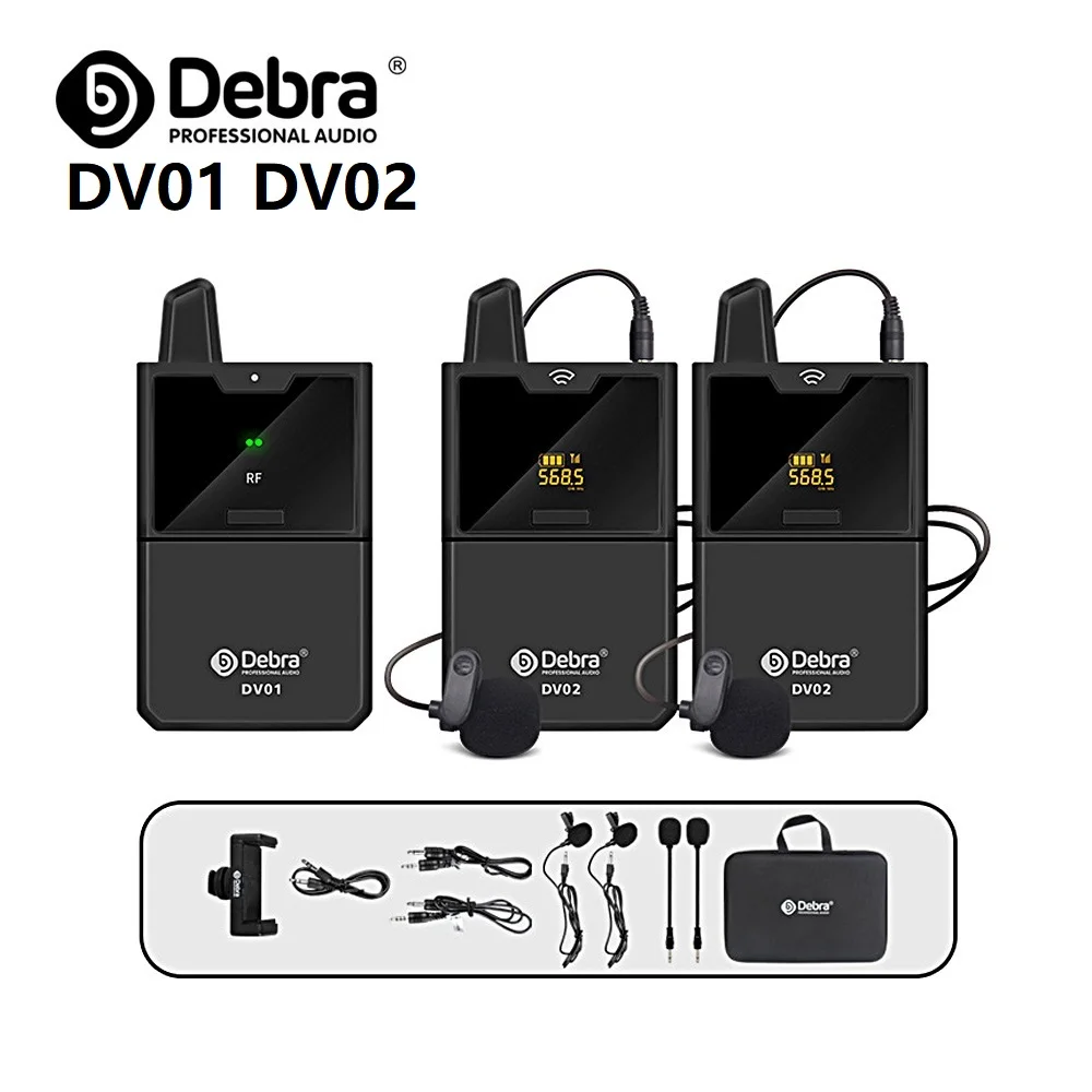 DSLR 카메라 스마트폰 라이브 녹화용 Debra DV01 DV02 듀얼 채널 UHF 무선 라발리에 마이크, 모니터링 기능, 50M