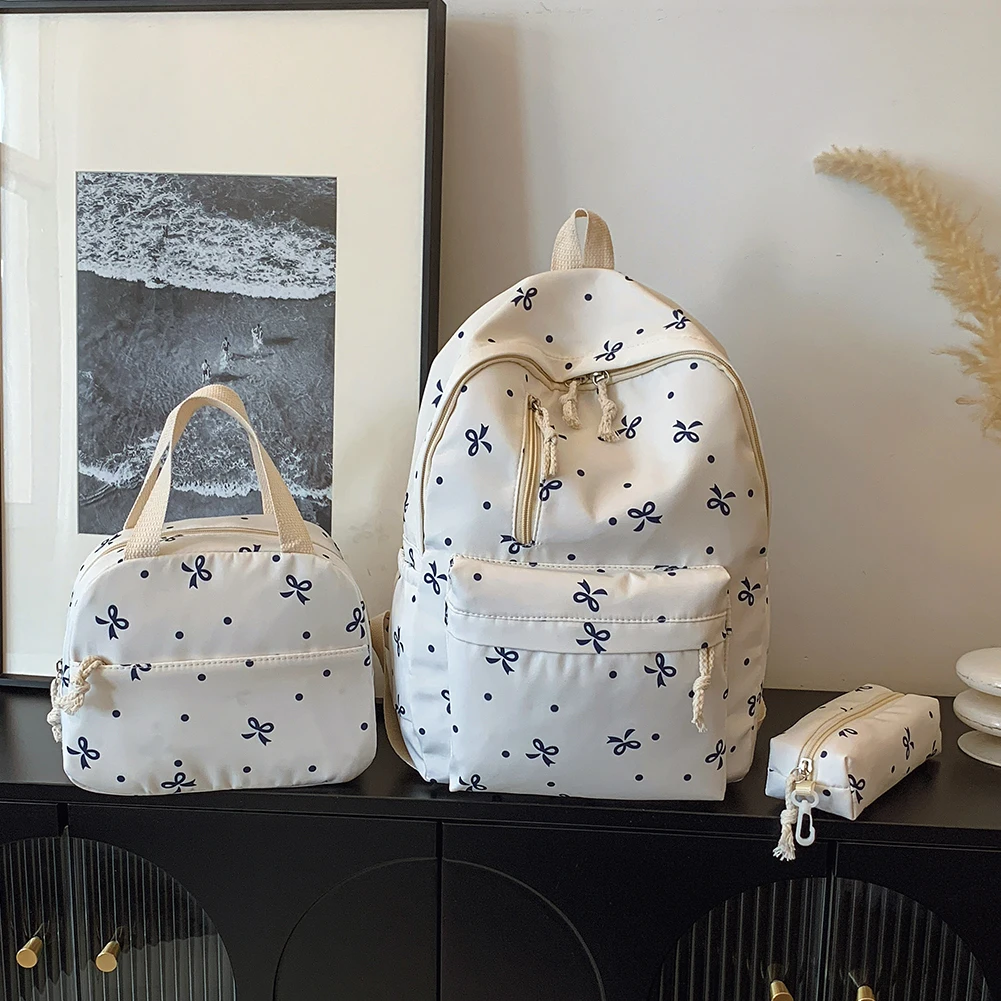 3Pcs/Set Bow Print Backpack with Handbag and Pencil Case Bookbag Aesthetic Daypack School Backpack for Teen Girls
