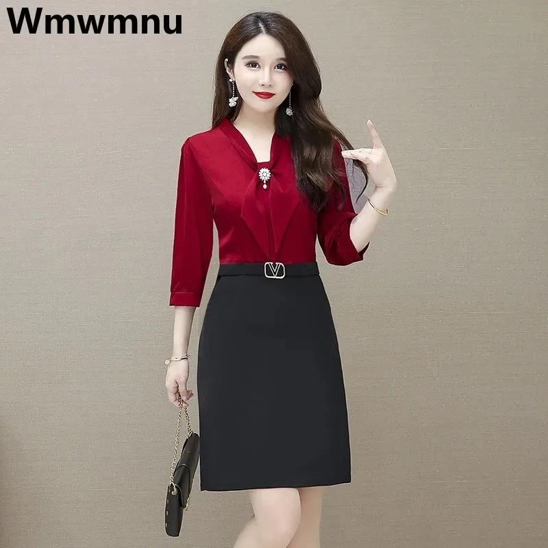 

Elegant Scarf Collar 2 Two Piece Dress Women Spliced Korean Fashion Half Sleeve Mini Dresses Patchwork Office Lady Vestido