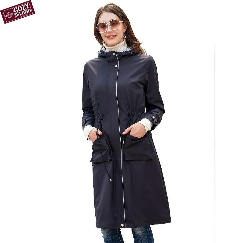 Spring Hooded Trench Coats Women Autumn Long Casual Windbreaker Water-Repellent Solid Tops Striped Lined Straight Jackets Urban