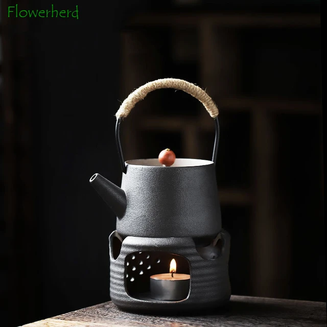 Chinese Black Pottery Tea Pot Ceramic Teapot Warmer Tea Fire Stoves Brewing  Teapots Candle Heater Tea