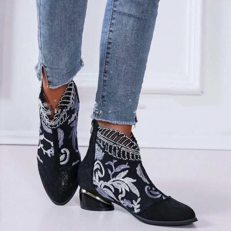 Women New Ethnic Style Embroidery Rhinestone Mid Calf Boots Autumn Winter Chunky Heels Booties Plus Size 36-43 Zapatos De Mujer