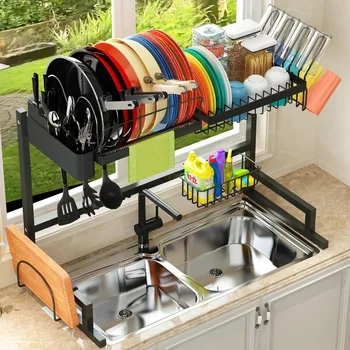 Over The Sink Dish Drying Rack (Adjustable Height/Length) Snap-On Design 2 Tier Large Dish Drainer Kitchen Organization 1