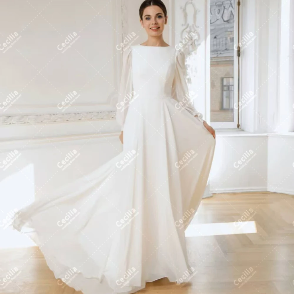 Modest Wedding Dresses Chiffon Bridal Gowns Long Puff Sleeves Elegant Robes For Formal Party Vestidos De Novia Customized 2025 3