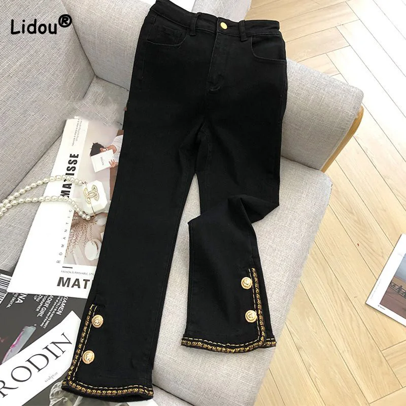 Street Fashion Button Patchwork Zipper Double Pockets Slit Slight Flare Pants All-match Elastic High Waist Black Washing Jeans