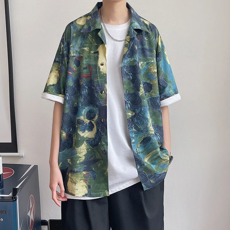 

Cuban Collar Oil Painting Shirts Summer Ice Silk Short Sleeve Full-print Top Loose Thin Half-sleeved Shirt Oversize Mens Clothes