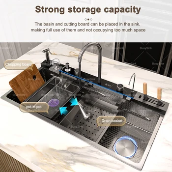 อ่างล้างจานสแตนเลสแบบมีน้ำตก อ่างเดี่ยวขนาดใหญ่พิเศษ พร้อมหน้าจอดิจิตอล อ่างล้างจานอเนกประสงค์ 2