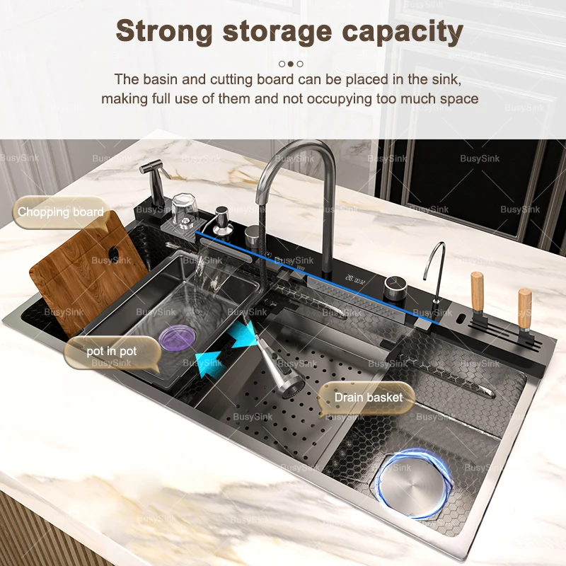 100x50cm Waterfall Kitchen Sink Stainless Steel Extra Large Single Bowl Digital Display Multifunctional Dishwashing Sinks 2