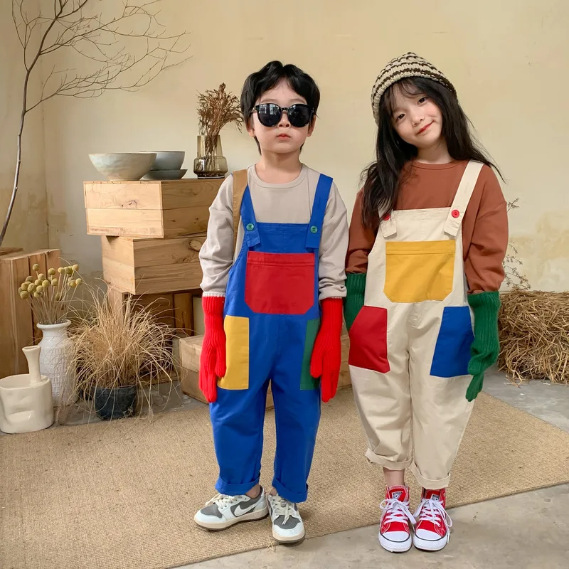 

2730C Children Pants 2022 Autumn Color Contrast Patchwork Boy's Bib Pants Big Pocket Suspender Pants Girl's Strap Pant