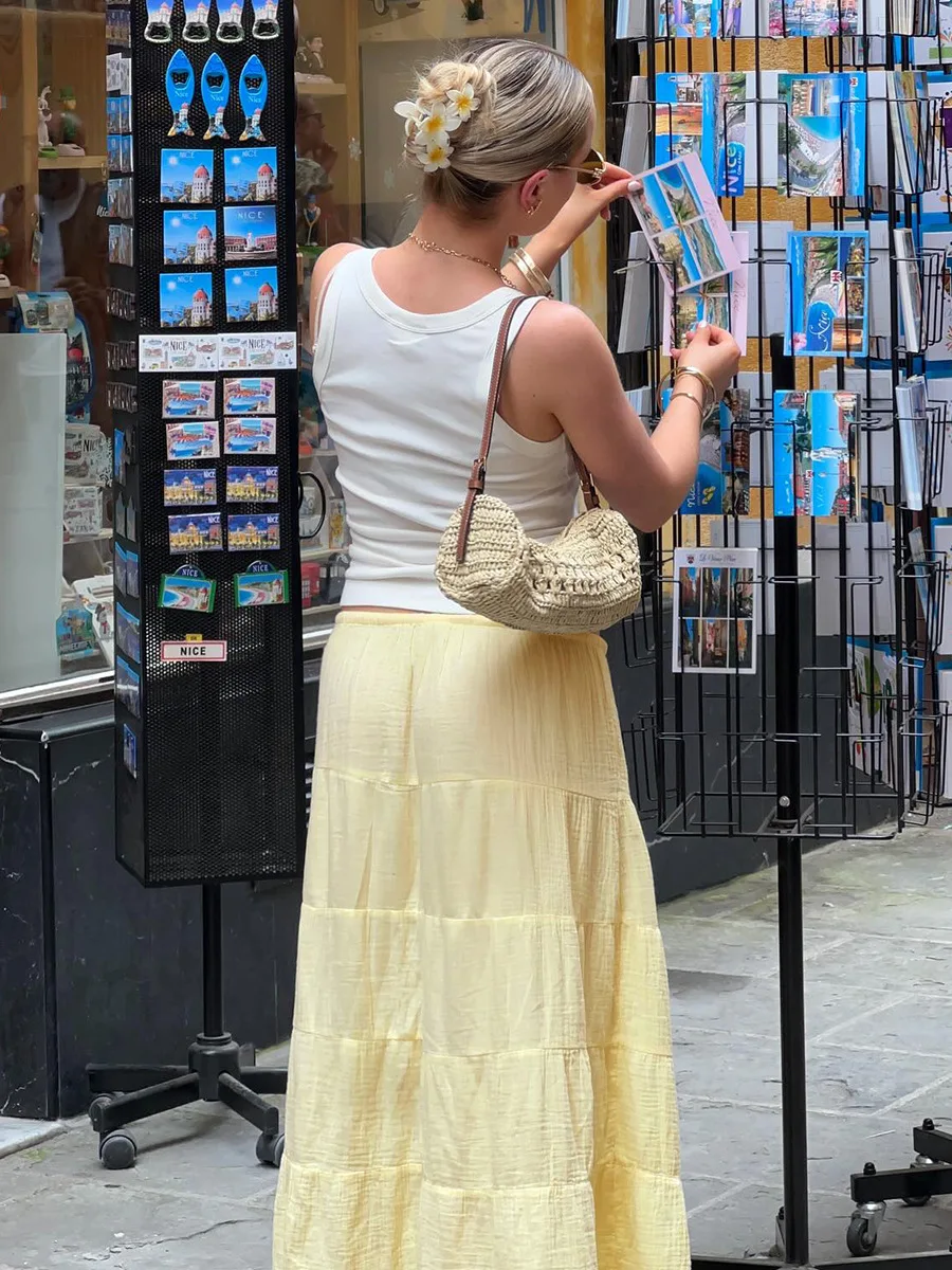 Bornladies 2026 Summer New Women's Yellow Low-Waist Tiered Midi Skirt Lightweight Relaxed Casual Paneled Long Skirt