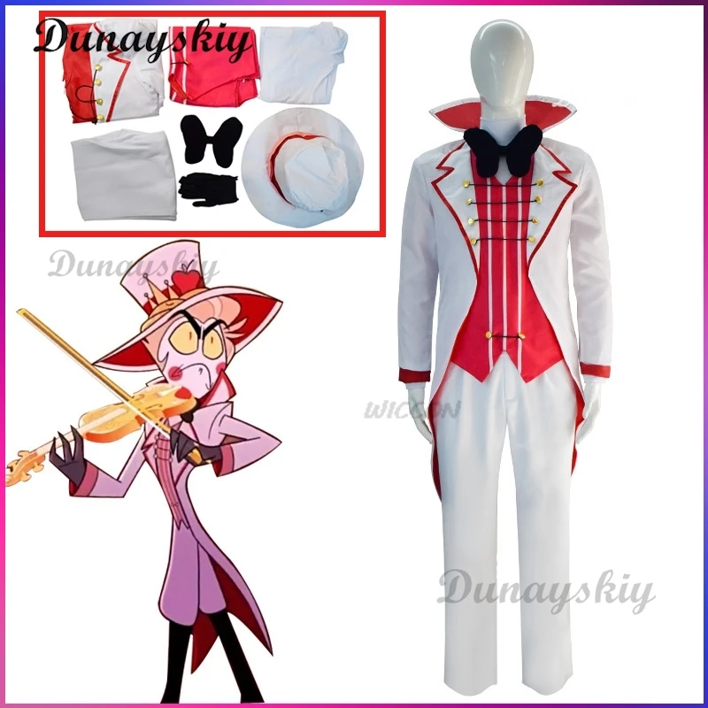 

Anime Hazbin Cosplay Lucifer Hotel Morningstar King Costume Hat Daddy White Suit Devil Hell Halloween Party Adult Men Costume