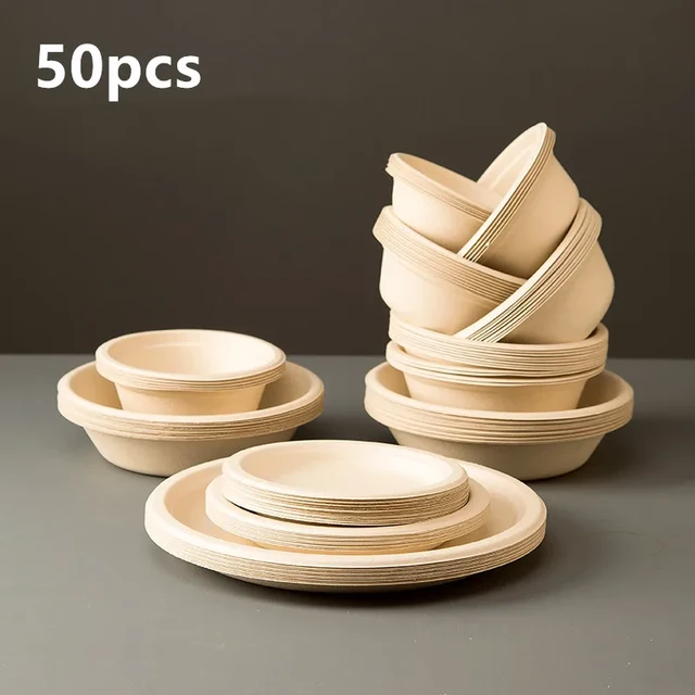 Assiettes jetables dégradables, 50 pièces, société famille, réunion assiette  à dîner et bol en papier épaissi, vaisselle, accessoires de cuisine -  AliExpress