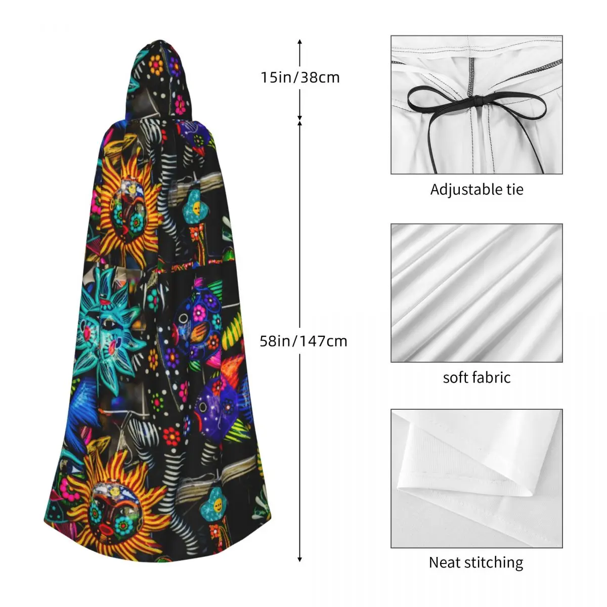 Mexican Sun Face Fish Blue Turquoise Oaxaca Juarez Mexico Hooded Cloak Polyester Unisex Witch Cape Costume Accessory