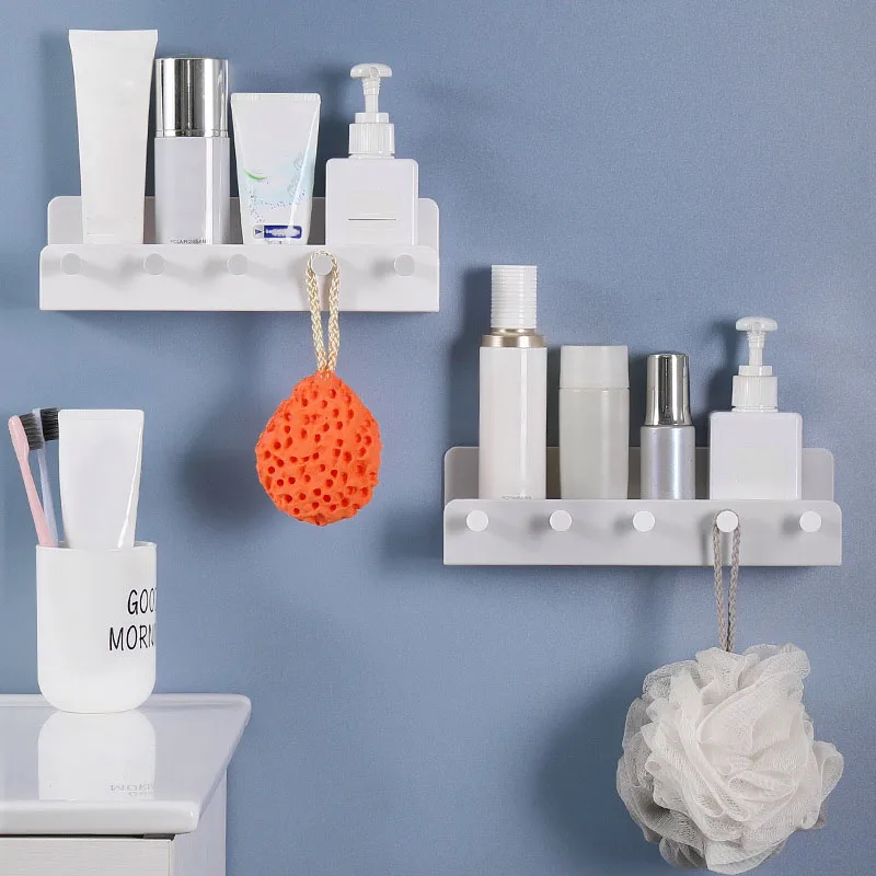Description Picture 6 of itemBathroom Non-perforated Shelves with Five Hooks, Cosmetics Shelves, Kitchen Spice Storage Shelves, Sticky Wall Hook Racks