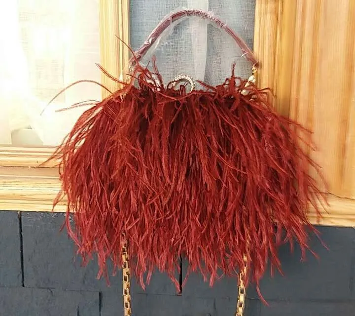 2022 Luxury Ostrich Feather Party Evening Clutch Bag Women Wedding Purses and Handbags Small Shoulder Chain Bag Designer Bag 