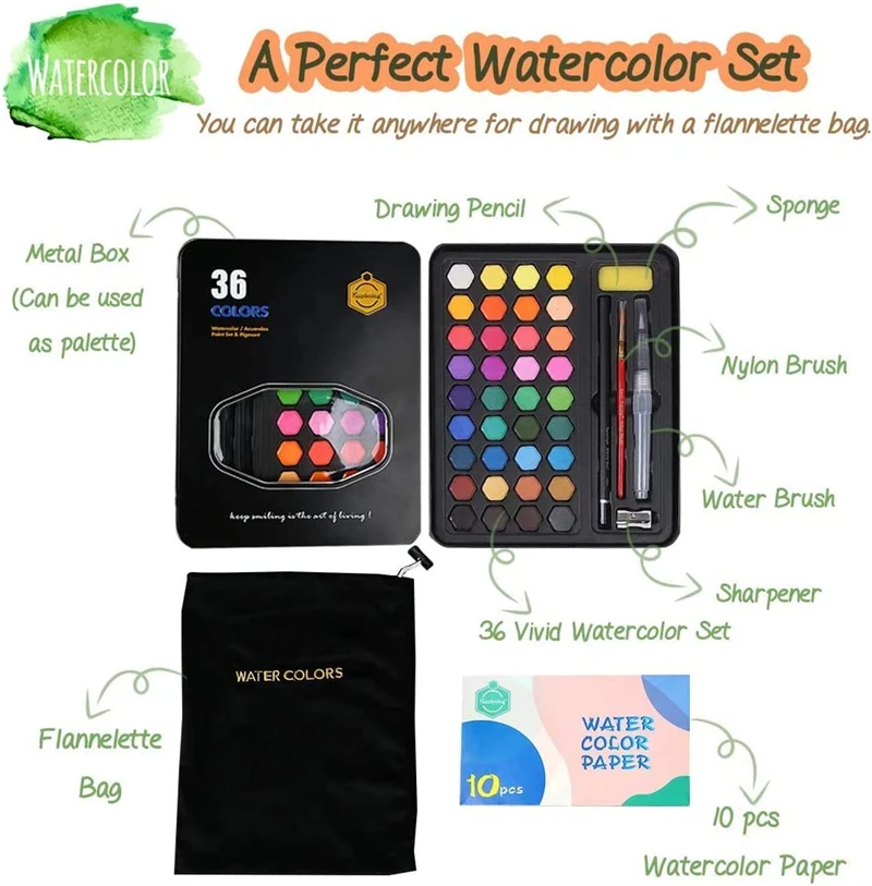 36Colors Watercolour Paint with Water Paint Brush Portable Solid Watercolor Pigment Set for Artist Art Supplies Students