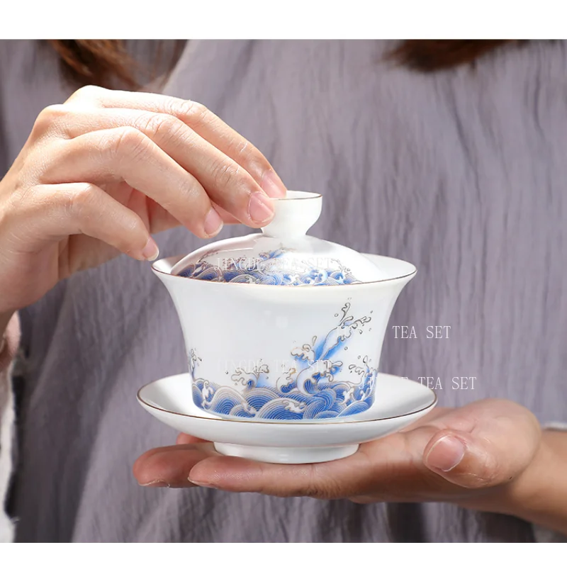 180ml White Porcelain Covered Bowl Household Ceramic Handheld Tea Maker Tea Set Accessories Underglaze Colored Drinking Utensils