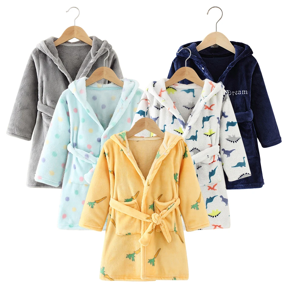 Children Hooded Flannel Bathrobe Robes Cartoon print pattern Boys and Girls Home Wear Sleepwear