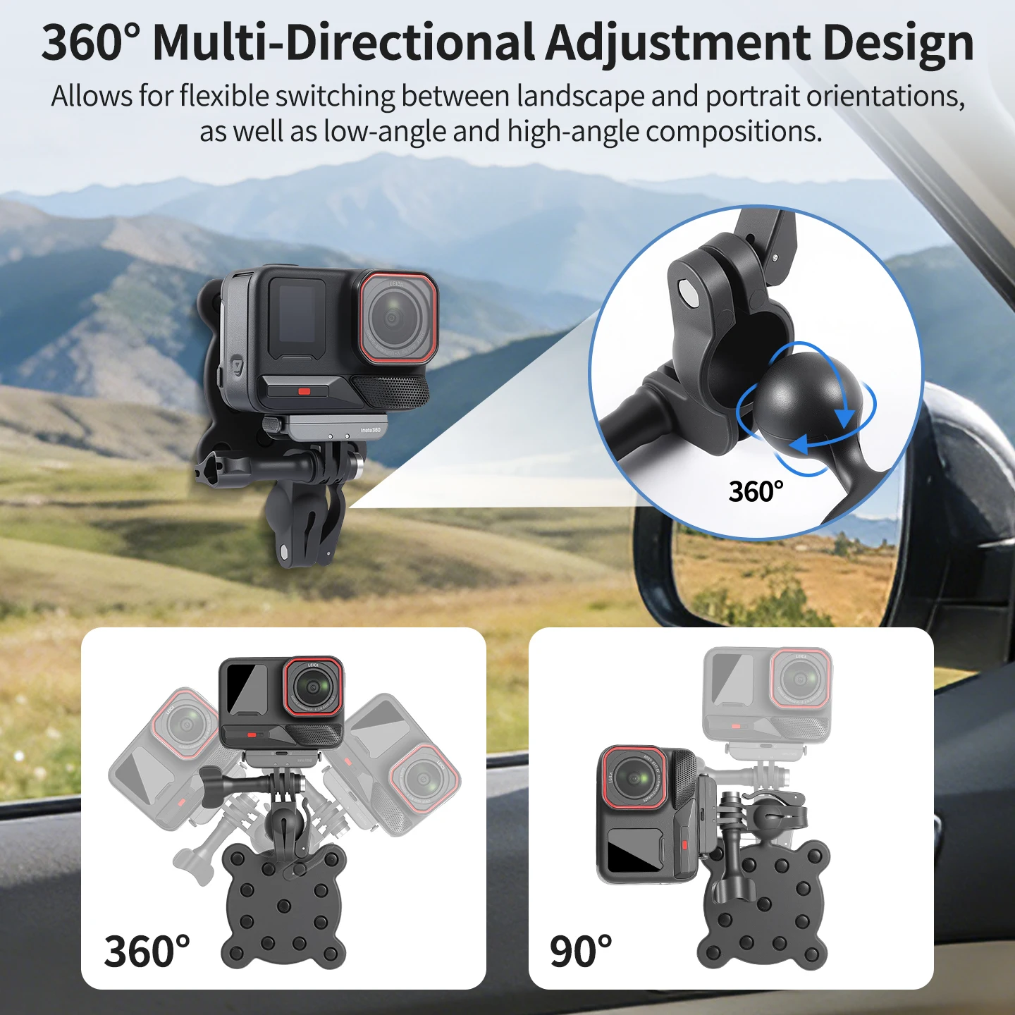 Gros plan sur le mécanisme de verrouillage du support ventouse 360° réglable pour caméra d'action Insta360, GoPro, DJI.