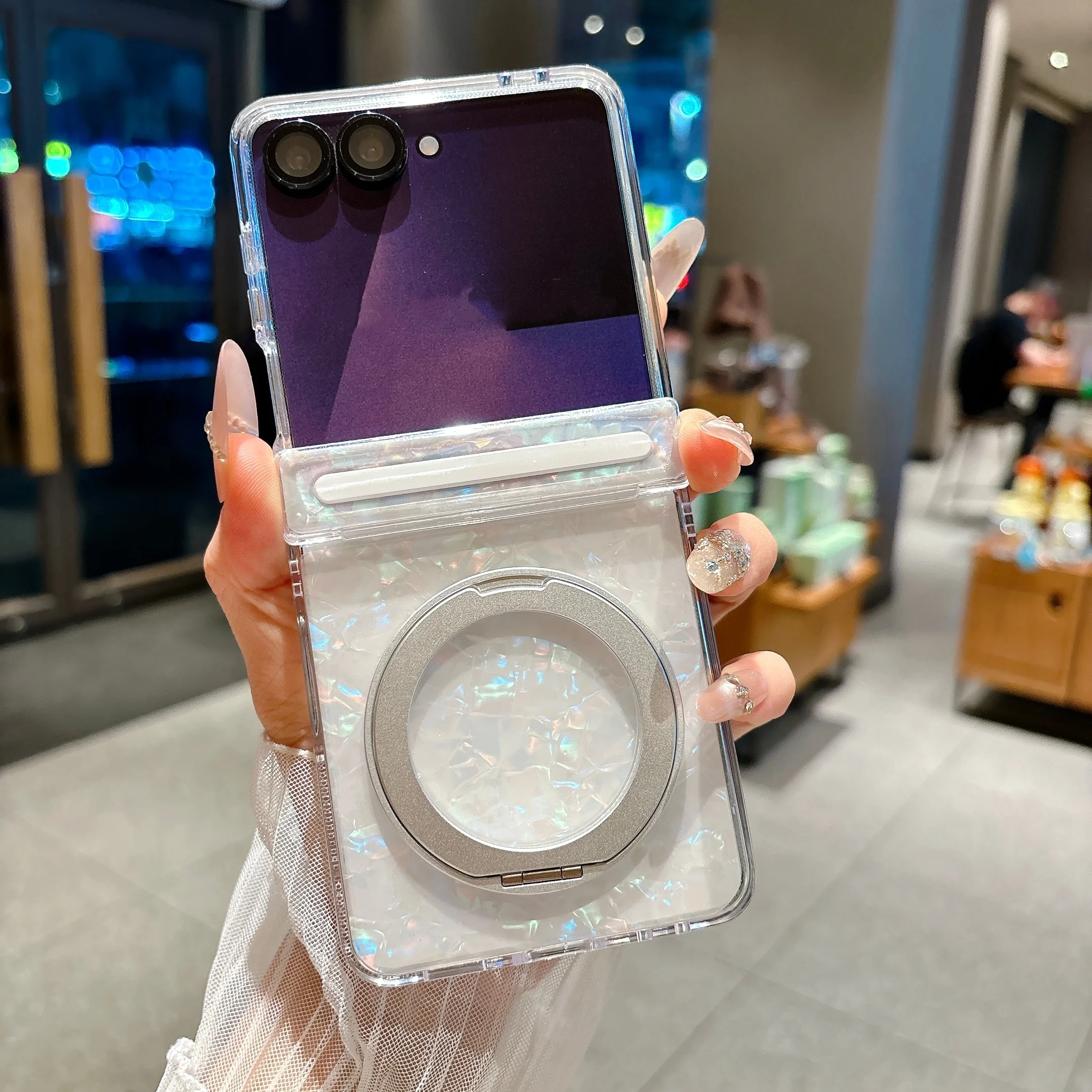Dreamy Shell Pattern Magnetic Hinge Case with 360° Rotating Bracket and Wireless Charging Capability