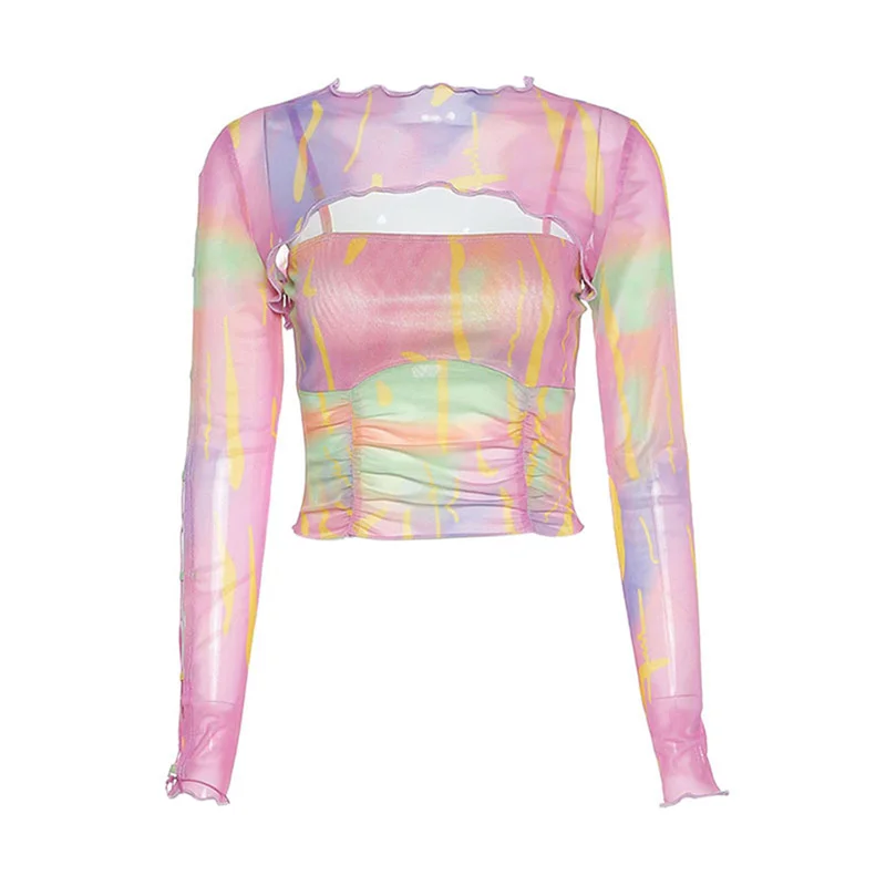 Shrug Top with Cami y2k Clothes Women Tie Dye Print Ruffle Long Sleeve Cover Up and Sleeveless Vest 2000s Clothing