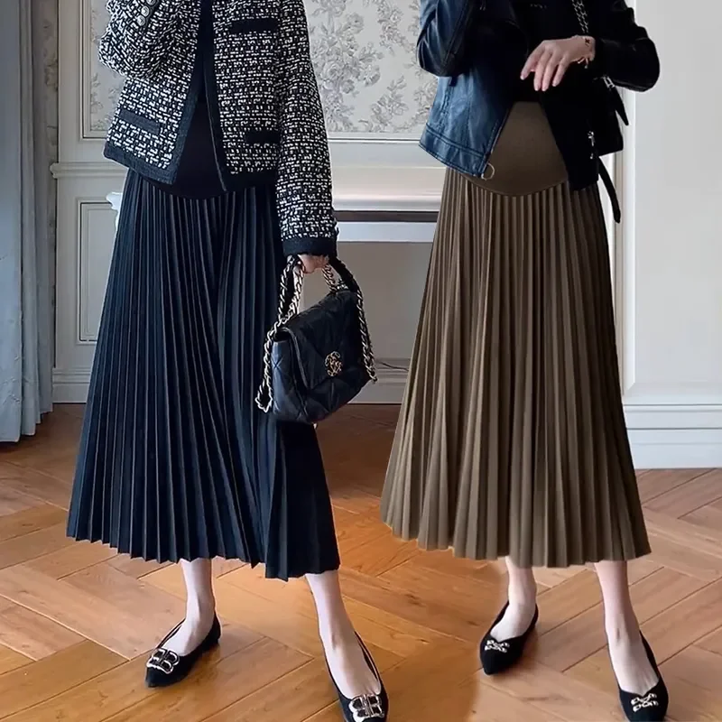 Pregnant Women Skirt Autumn Winter Fashion Pleated A Line Maternity Long Skirts Warm Loose Belly Clothes