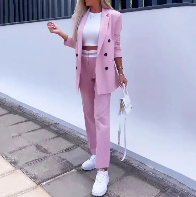 Two Piece Set for Women 2023 New Pink Temperament Elegant Office Suit Turndown Collar Long-Sleeved Blazer and Slim Pants Suit