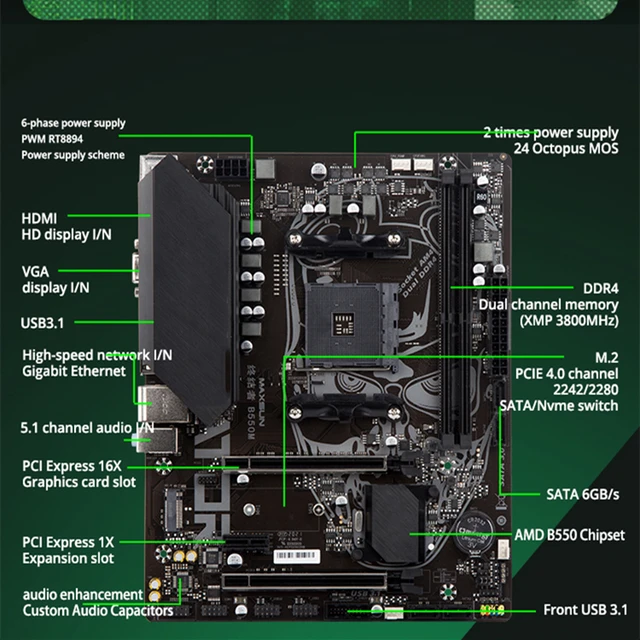MAXSUN Gaming Motherboard Combo Terminator B550M with CPU AMD Ryzen 5 5600G DDR4 16GB(8GB*2) 3200MHz RAM M.2 SATA3 Computer Set 4
